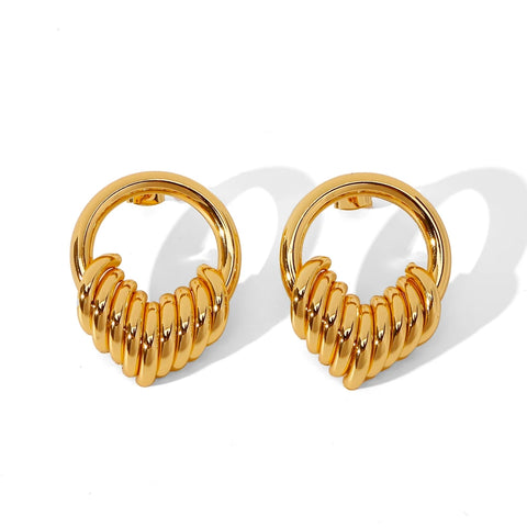 HONGTONG Round Heart Twist Stainless Steel Gold Plated Earrings for Women Jewelry Hollow Shape Eardrop Colorproof and Waterproof