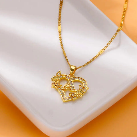 Zircon Flower Initials Necklaces For Women Stainless Steel Heart Gold Color Letter Chain Collar Jewelry free shippping items