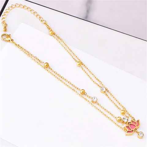 316L Stainless Steel New Fashion Upscale Jewelry 2-layer Zircon Pink Spray Paint Lotus Flowers Charm Chain Anklets For Women