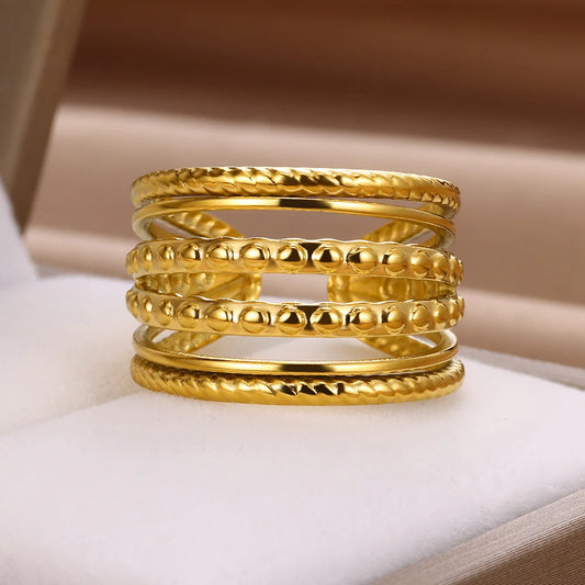 Stainless Steel Gold Color Rings for Women men Waterproof Exaggerate Multi Layer Hollow Wide Surface Open Rings Bague Jewelry