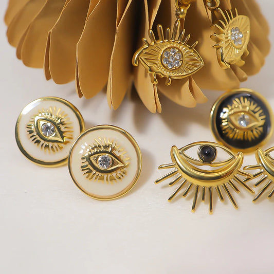 WILD & FREE Trendy Zircon Eyes Stainless Steel Stud Earrings for Women Ear Piercing Gold Plated Waterproof Jewelry