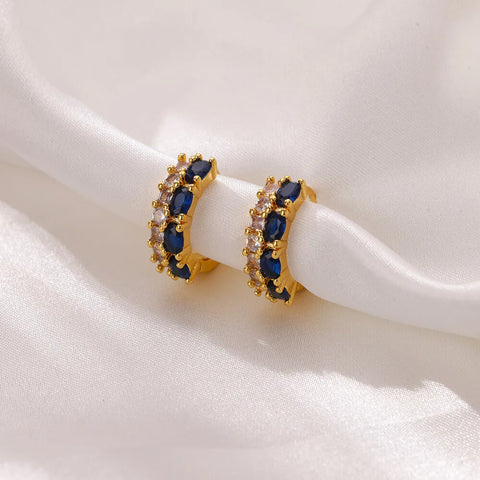 Luxury Blue Zircon Hoop Earrings For Women Stainless Steel Gold Crystal Color Round Earrings Wedding Luxury Jewelry Gift