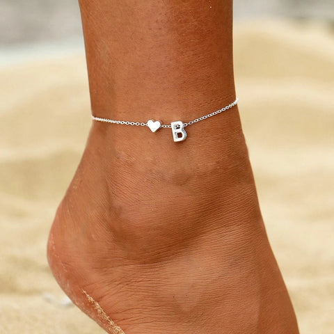 JUJIE 316L Stainless Steel Letter Anklets For Women Foot Legs Heart Anklet Bracelet Barefoot Jewelry Dropshipping/Wholesale