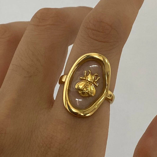 Creative 18K Gold Plated Stainless Steel Oval Bee Shaped Open End Ring Women Anti Allergic Charm Daily Jewelry Accessories