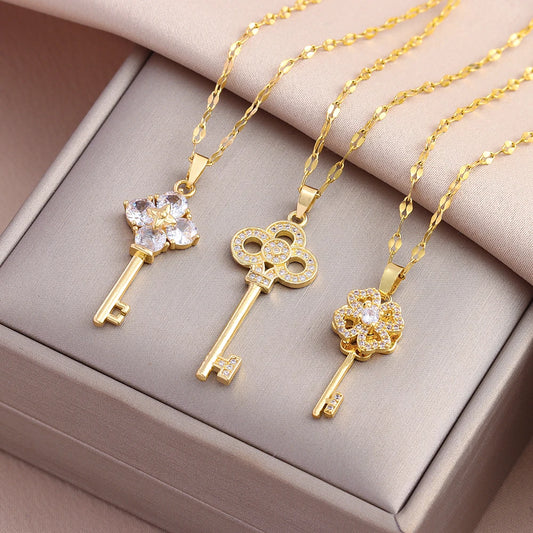 New In Sweet Romantic Open Your Heart Key Pendant Necklaces For Women Female Daily Wear Stainless Steel Clavicle Chain Jewelry