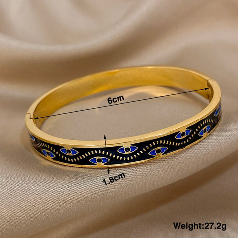 Greatera Turkish Evil Eye Pattern Stainless Steel Cuff Bracelet Bangle for Women Black Enamel Gold Color Metal Bracelets Jewelry