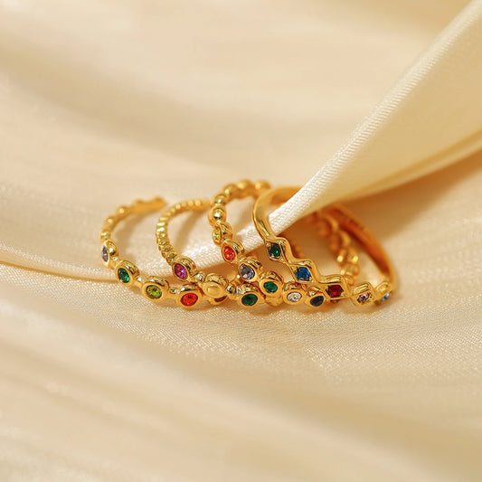 WILD & FREE Luxury Colorful Crystal Stainless Steel Rings for Women Vintage Chic Exquisite Open Ring Tarnish Free Jewelry