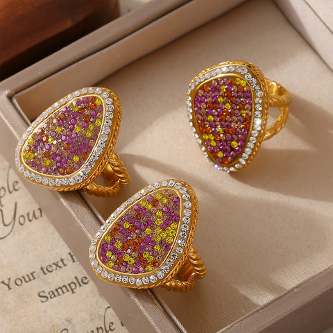 Colorful Rhinestones Beautiful Rings for Women Gold Plated Waterproof Stainless Steel Ring Exaggerate Finger Jewelry Gift