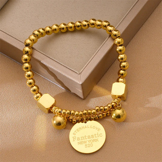 OIMG 316L Stainless Steel Gold Plated Gorgeous Simple Punk Geometric  Beads Pendant Bracelet For Women Girls Party Jewelry Gift