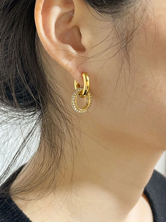 Peri'sbox 18K Gold Plated on Stainless Steel Double Hoop Earrings with Stunning Cz Zircons Fashion Statement Jewelry Waterproof