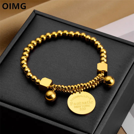 OIMG 316L Stainless Steel Gold Plated Gorgeous Simple Punk Geometric  Beads Pendant Bracelet For Women Girls Party Jewelry Gift