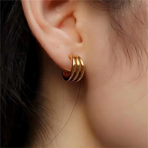 18K Gold Plated Jewelry Waterproof Stainless Steel Metal Chic Accessories Chunky Triple Band Stud Hoop Earrings for Women