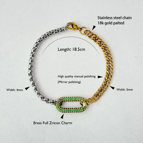 18k Gold Plated Tarnish Free Stainless Steel Two Tone Splicing Chain Oval Full Zircon Charms Bracelets for Women Bangles Jewelry