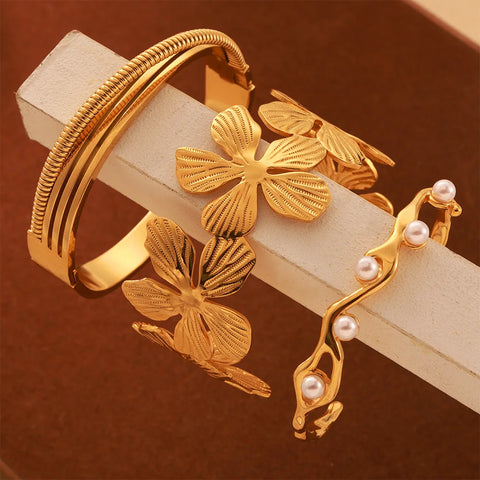 Stainless Steel Art Bangle For Women Girl Flower Shell Beaded Open Bracelet Luxury Charm Jewelry Wedding Banquet Gift