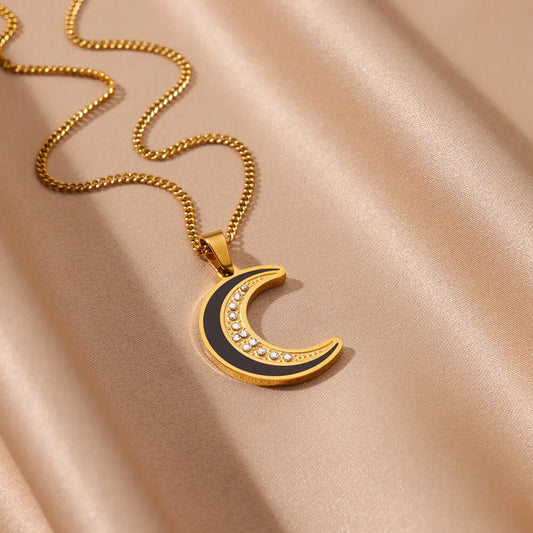 Vintage Moon Gold Plated Crystal Necklaces Pendant for Women Men Stainless Steel Luxury Zircon Jewelry Lucky Gift New Trendy