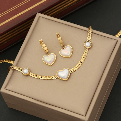 316L Stainless Steel New Fashion Fine Jewelry Set Love Heart Shaped Pearl Charm Chain Necklaces Bracelets Earrings For Women