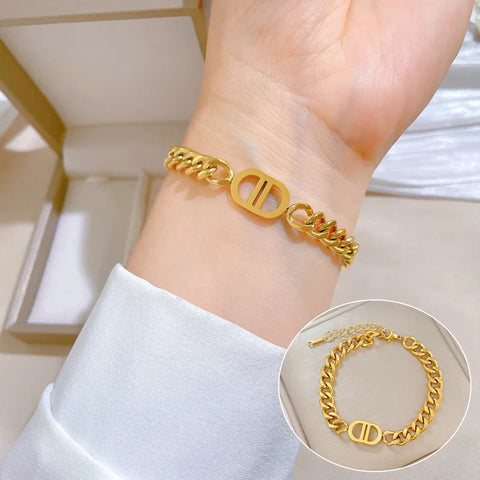 New Design Gold Color Metal Letter D Bracelets for Women Men Thick Link Cuban Stainless Steel Chian Jewelry