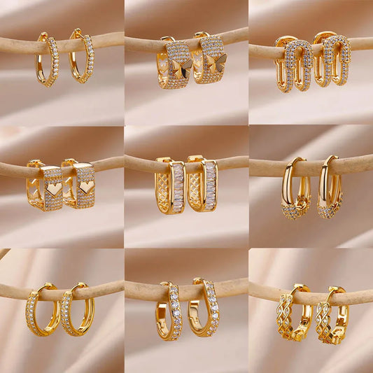 Shiny Zircon Circle Square Hoop Earrings for Women Gold Color Stainless Steel Earrings Luxury Christmas Jewelry Wedding aretes