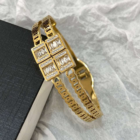 Luxury Square Zircon Stainless Steel Cuff Bracelet Bangle for Women Waterproof Geometric Gold Silver Color Wristband Jewelry