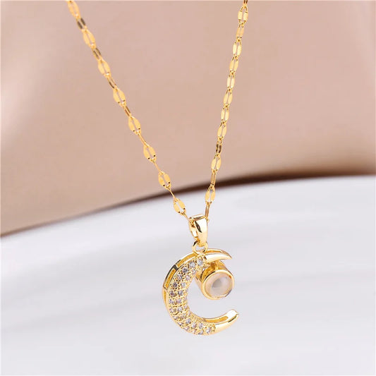 DIEYURO 316L Stainless Steel Moon Projection Pendant Necklace For Women Luxury Rhinestone Clavicle Chain Girls Jewelry Gift