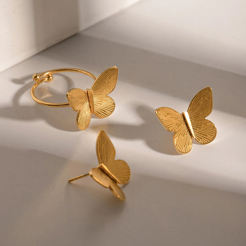 Waterproof Stainless Steel Metal Texture Butterfly Pattern Open Ring / Earring Charm Gold Color 18K PVD Plated Statement Jewelry