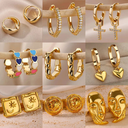 Stainless Steel Earring for Women Heart Zircon Gold Color Hoop Earrings Vintage Waterproof Ear Piercing Jewelry Accessories Gift