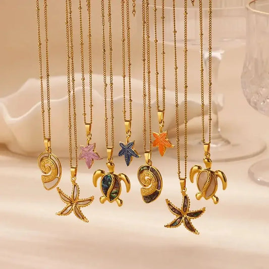 Sea Starfish Shell Colorful Necklace for Women Charm Pendant Rust-proof Stainless Steel Chain Gift Summer Beach Vacation Jewelry