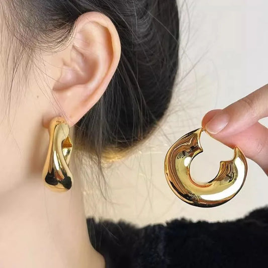 New Retro Stainless Steel Chunky C Shape Hoop Earrings Glossy Gold Plated Pvd Circle Round Tube Huggie Hoops Stacked Ear Jewelry