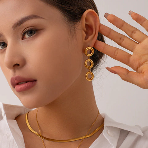 18K Gold Plated O-shaped Tarnish-proof Stainless Steel Exaggerated Multiple Circle Dangle Stud Earrings/Bracelet Set