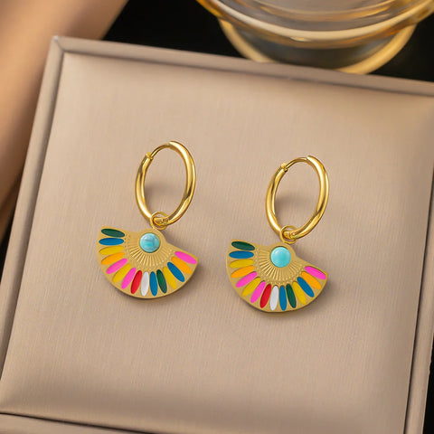 Colorful Enamel Stainless Steel Fan Geometric Bohemian Rainbow Drop Hoop Earrings Women Trendy Fashion Charm Jewelry