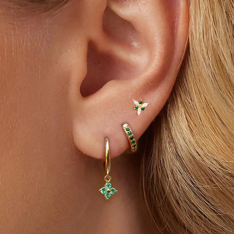 3PCS Stainless Steel Green Zircon Flower Hoop Earrings Set For Women Cartilage Earring Waterproof Piercing Jewelry Statement