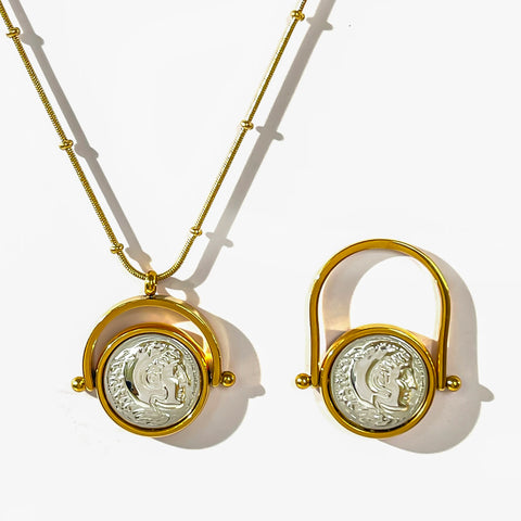 Peri'sbox Mix Gold Silver Plated Greek Roman Coin Pendant Necklace Ring Set Women Stainless Steel Free Tarnish Medallion Jewelry