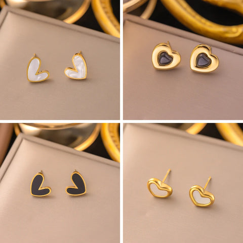 316L Stainless Steel Simple Cute Black And White Heart Stud Earrings For Women Fashion Girls Gold Color Jewelry Birthday Gifts