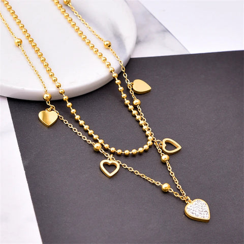 316L Stainless Steel New Fashion Fine Jewelry 2 Layer Embedded Zircon Love Heart Charm Chain Choker Necklaces Pendants For Women