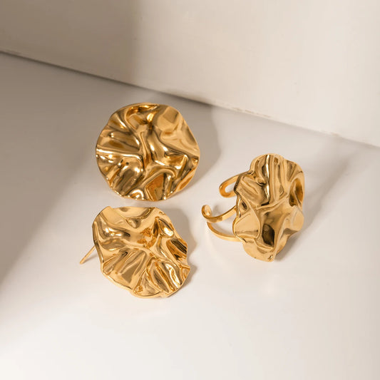 Stainless Steel Metal Rust Proof New Trendy Personality Round Ring/Earring Set Statement Stylish Waterproof Jewelry Women