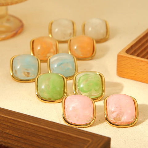 2024 Summer Colorful Resin Swirl Square Stainless Steell Stud Earrings 18k Gold Plated Women Jewelry Waterproof