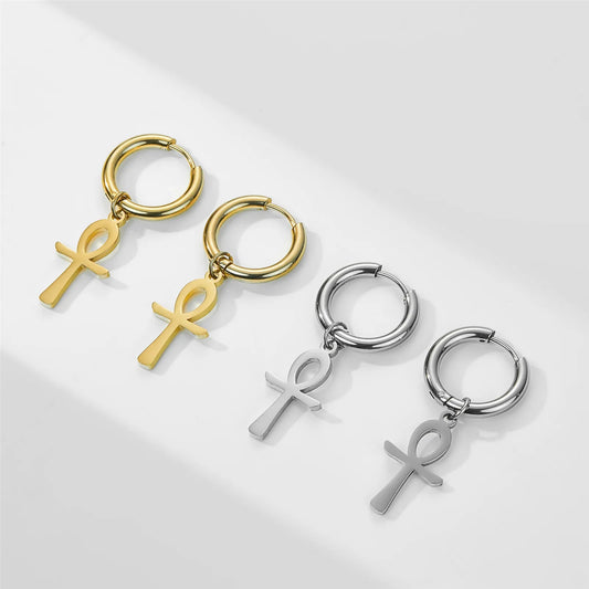 Skyrim Egypt Ankh Cross Drop Earrings Women Gold Color Stainless Steel Dangle Earrings Amulet Crucifix Egyptian Jewelry Gift