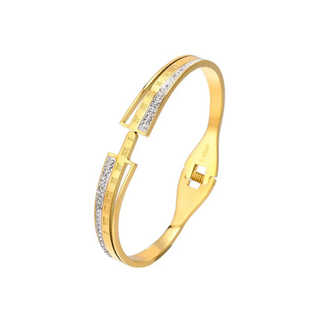 Engraved Roman Numerals Bangle for Women Stainless steel luxury gold plated Inlaid zircon spring buckle open oval bracelet gifts