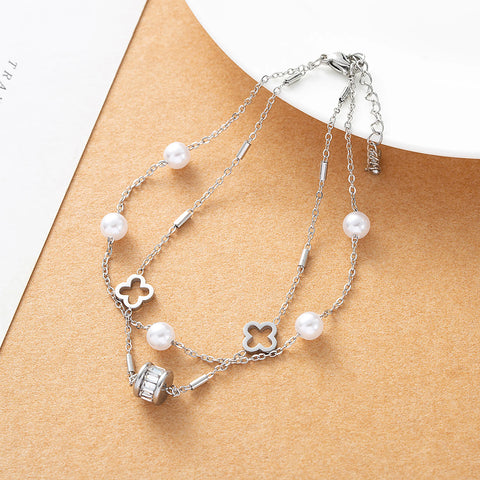 Drilling circle Zircon multi-layer pearl chain stainless steel women's fashionable and sexy jewelry gift beach ankle chain