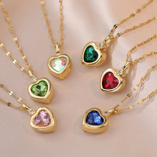 Colorful Zircon Love Heart Pendant Necklaces for Women Girls Stainless Steel Trendy Romantic Jewelry Accessories Gifts