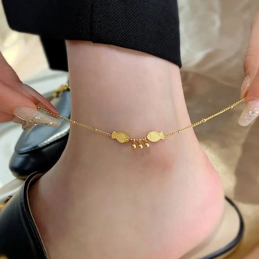 Stainless Steel Beaded Fish Pendant Anklet, Unique Design Sense Trendy and Exquisite Fashion High-end Barefoot Beach Jewelry
