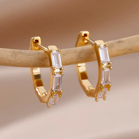 Rectangle Zircon Earrings for Women Gold Color Stainless Steel Hoop Earrings 2024 Trending Luxury Modern Wedding Couple Jewelry