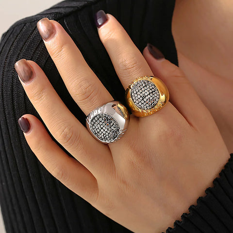 Luxury Shiny Rhinestones Beautiful Rings for Women Gold Plated Waterproof Stainless Steel Ring Exaggerate Finger Jewelry Gift