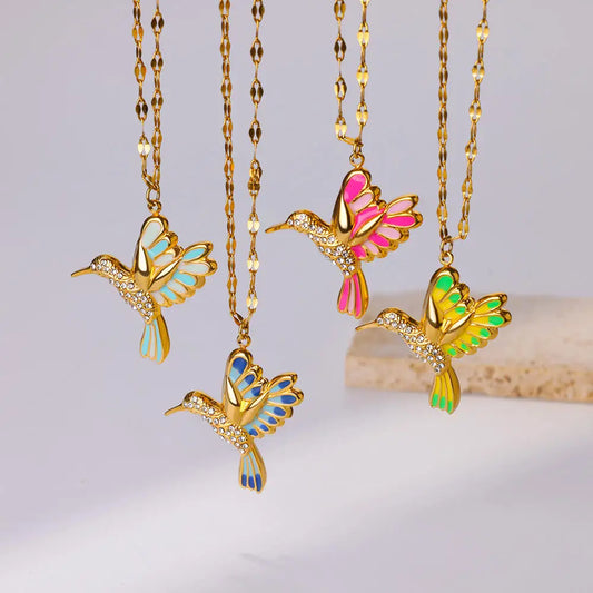 Cute Colorful Birds Necklace For Women Gold Color Stainless Steel Chain Heart Grass Pendant Necklace Wedding Jewlery Gift New