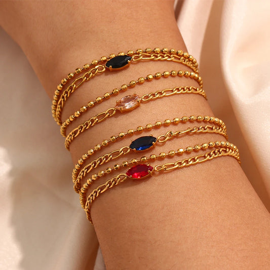 2022 New Stainless Steel PVD Plated Marquis Zircon Black Blue Pink Red Double Layer Beads Chain Bracelets Bangles For Women