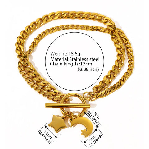 Stainless Steel Bracelets Elegant Star Moon Pendant Double Cuban chain Classic fashion