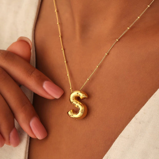 Vintage Stainless Steel Balloon Bubble Chunky Letter Necklace for Women 18K Gold Plated Initial Necklaces Collar Jewelry Gift