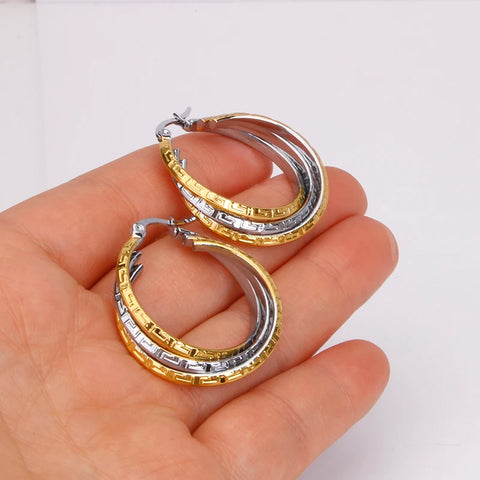 Hgflyxu Stainless Steel Earrings for Women Gold with Silver Color Luxury Hoops Multilayer Ear Jewelry Lady Gift  New