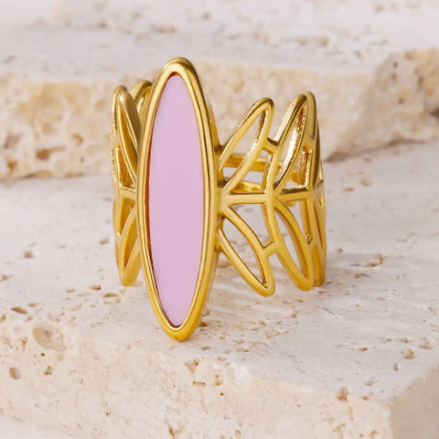 Luxury Pink Stainless Steel Ring for Women Open Wide Finger Ring New Trendy Party Waterproof Jewelry Wedding Accessories Gifts