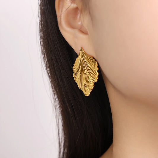 Long Leaves Statement Stud Earrings Waterproof Stainless Steel Plant Gold Color Metal Big Fashion Jewelry for Women